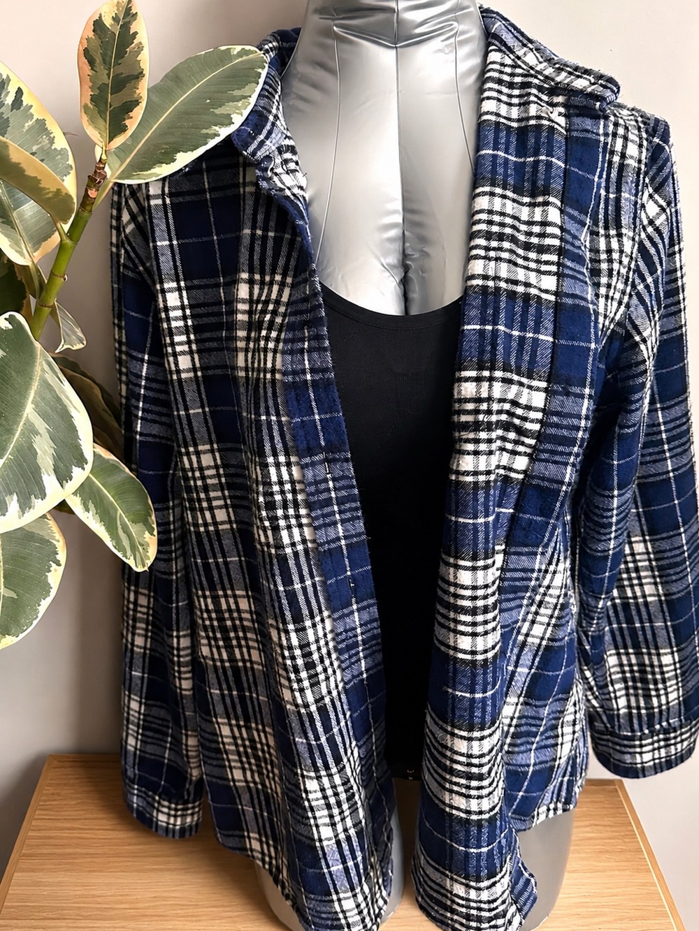 L.L.Bean Navy and White Plaid Relaxed-Fit Shirt 100% Cotton